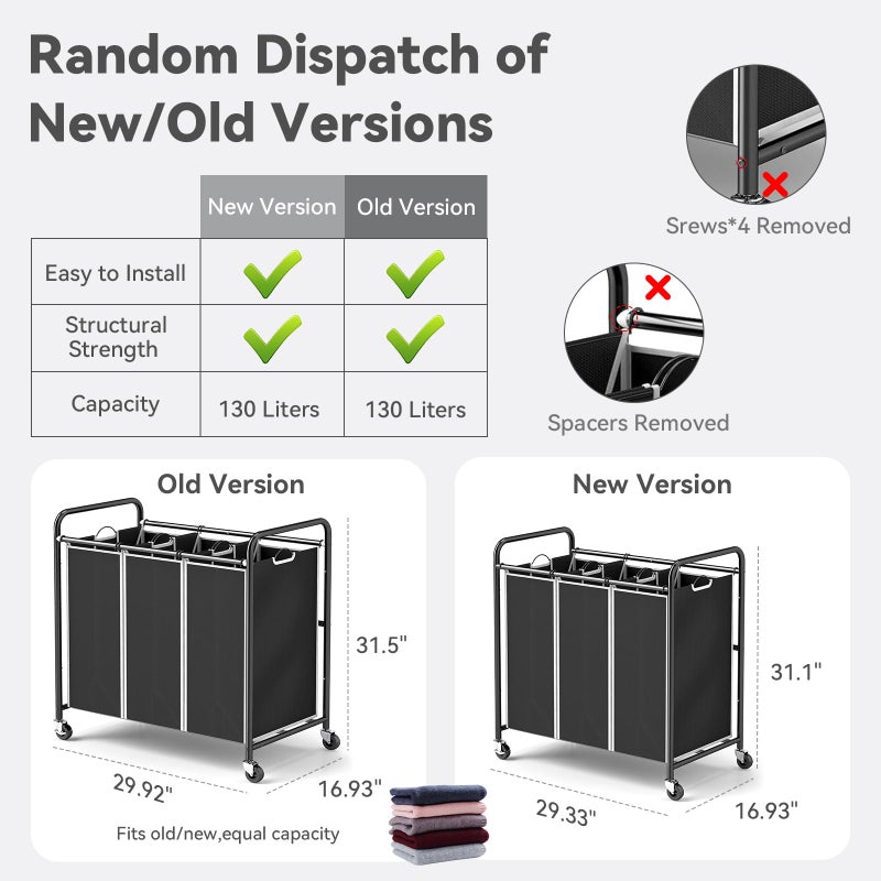 ROMOON 3 Compartment Heavy Duty Laundry Sorter, Hamper with Removable Liners and Wheels, Space-Saving Organizer for Laundry Room, Apartment, Dorm, Closet Storage (Black) - Image 5